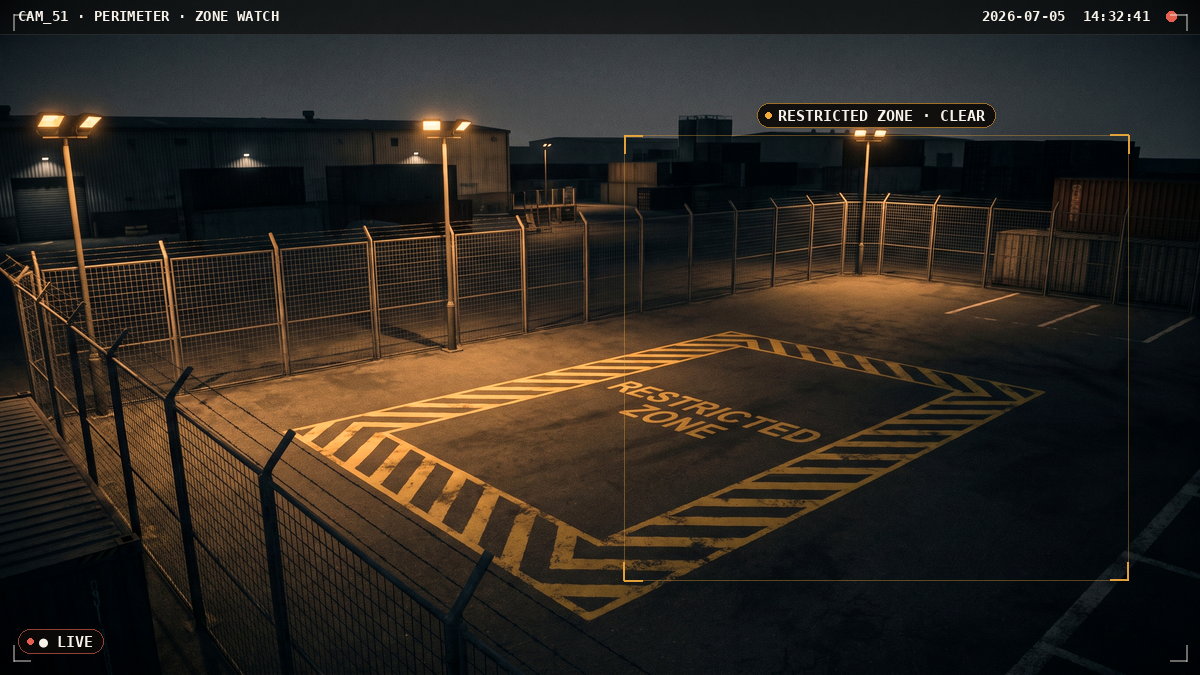 Intrusion & Zone Watch — AI detection view with bounding boxes