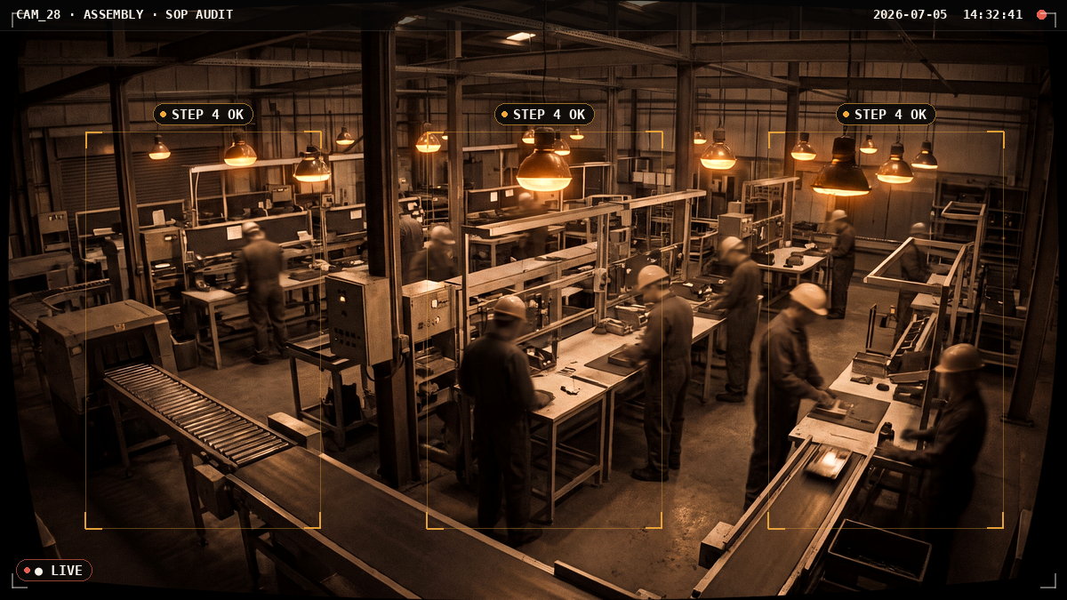 Production SOP Compliance — AI detection view with bounding boxes